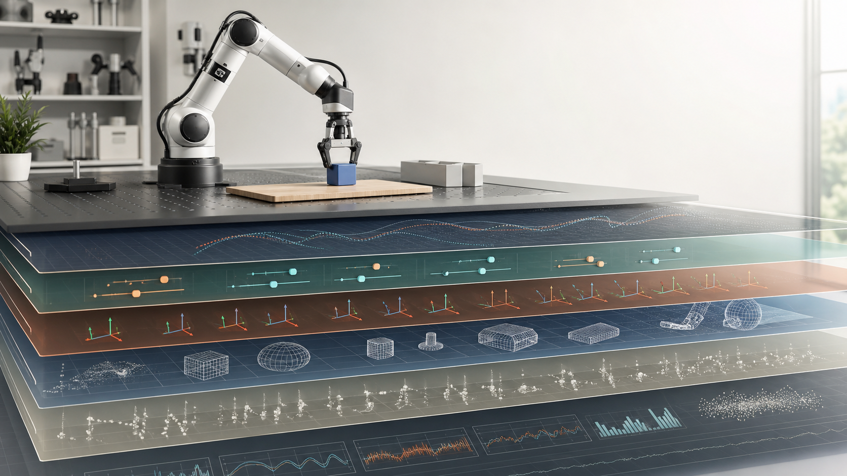A robot arm above layered hardware, controller, simulation, and data abstractions
